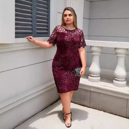 Elegant Sequin Wedding Party Dress for Women Casual Mesh Short Sleeve Lace Bodycon Evening Gown